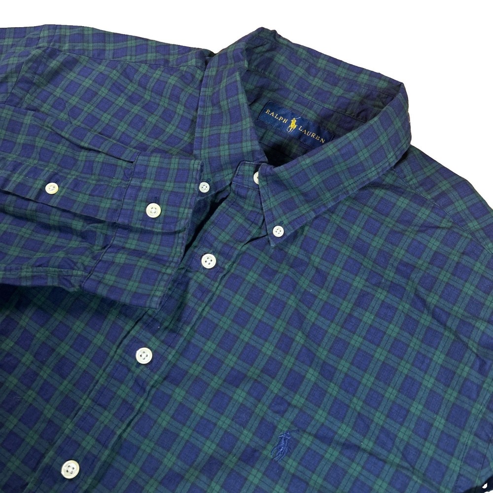 Ralph Lauren Shirt Men's 18/46 Blue & Green Plaid Long Sleeve Button Down Preppy